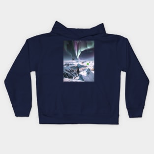 Tranquil Landscape: Aurora and Icy Mountain Summits Kids Hoodie